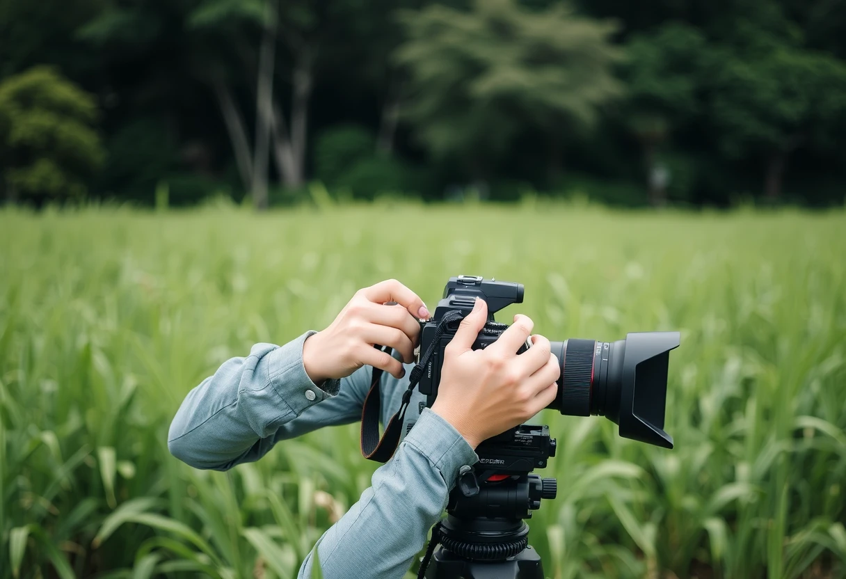 Photographer adjusting camera settings